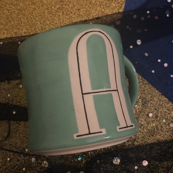 NWOT ANTHRO LMTD HAND-PAINTED TEAL WHITE MONOGRAM A ALPHABET RETRO Mug - Picture 6 of 8